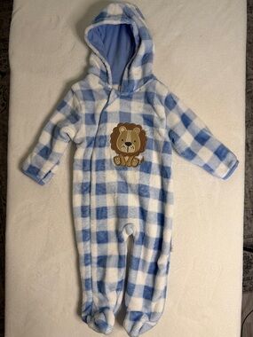 Blue & White Check Hooded Baby One-Piece with Lion Patch